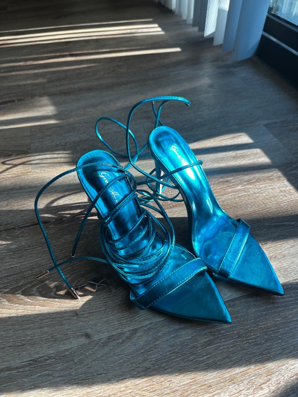 Metallic Blue Lace-Up Pointed-Toe Stiletto Heels - Picture 3 of 7